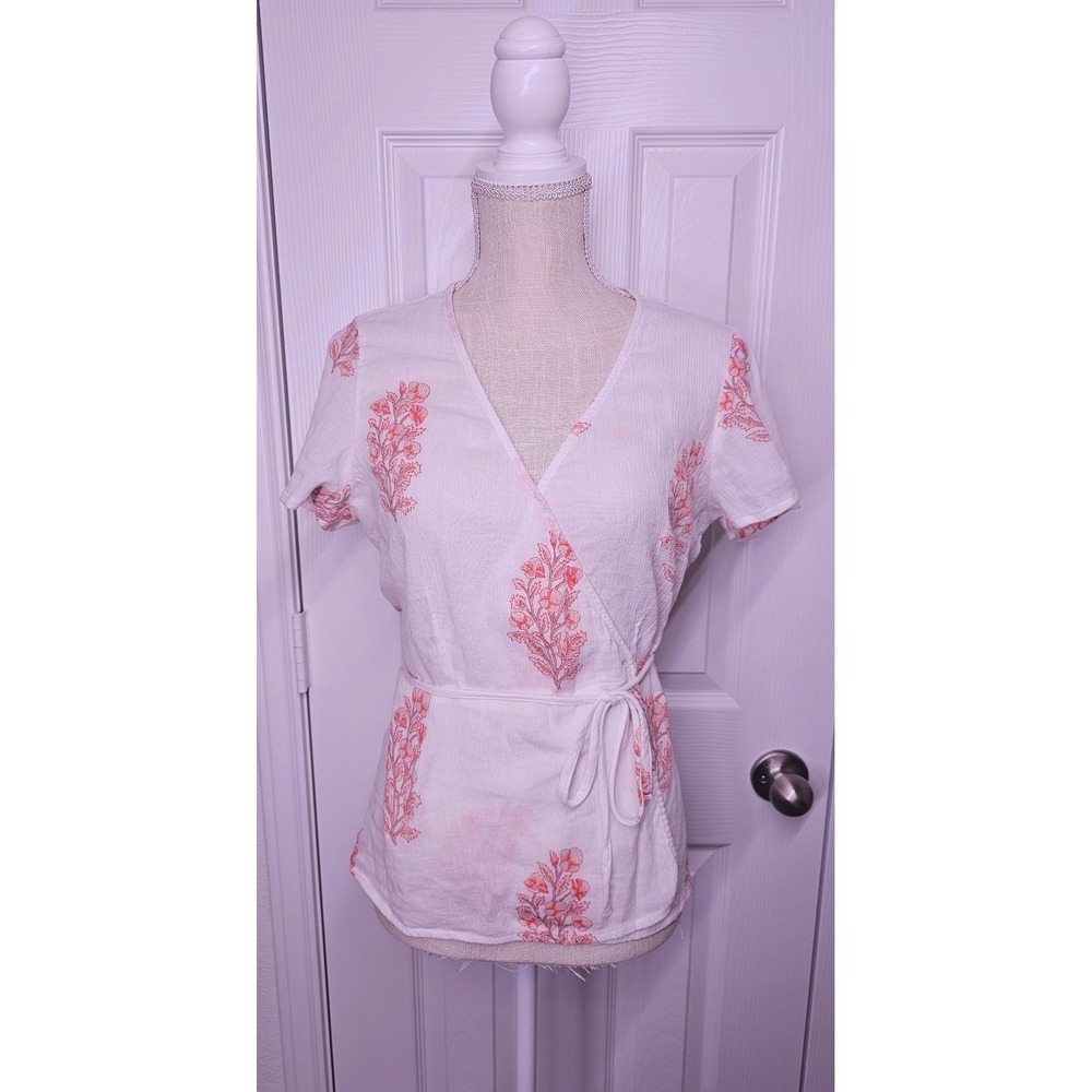 Lucky Brand Womens White Orange Floral Wrap Top Boho Short Sleeve Blouse L/G